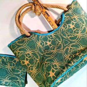 Mudpie tote, Aqua Starfish Jute with matching small zip case, water resistant